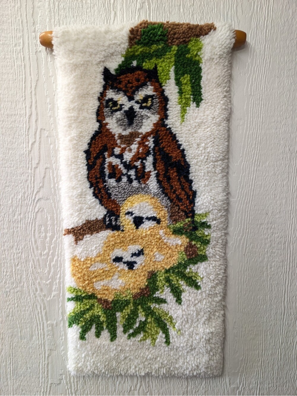 Vintage 70s Owls Latch Hook Wall Hanging MCM Art Retro 15x34"